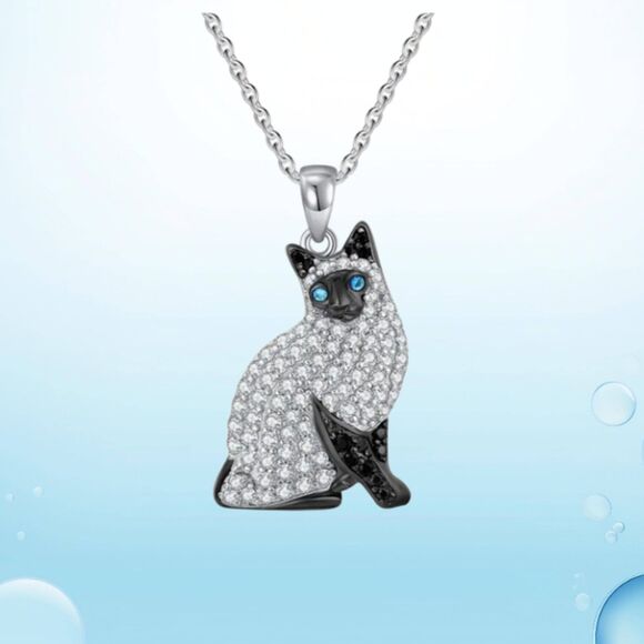 Siamese Cat Necklace Blue Eyes Rhinestones Kitty - Picture 9 of 10
